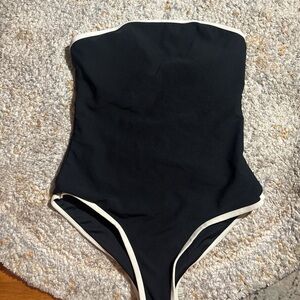 Strapless Black One-Piece Swimsuit with Cream Trim